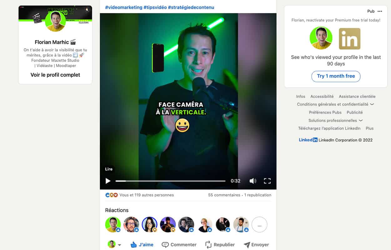 Fort engagement de la part de l'audience sur un post Linkedin en vidéo de Florian MARHIC 